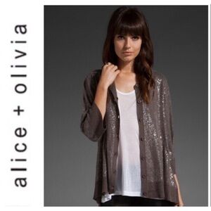 Alice & Olivia Brown Taupe Sequin Hooded Cardigan size large